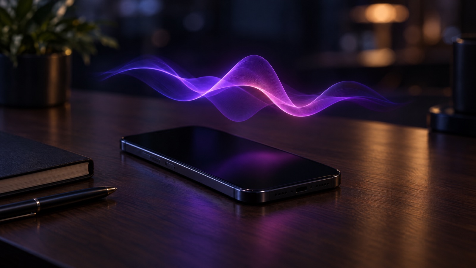 Ein Smartphone auf einem Schreibtisch, darüber eine leuchtende Sprachwelle