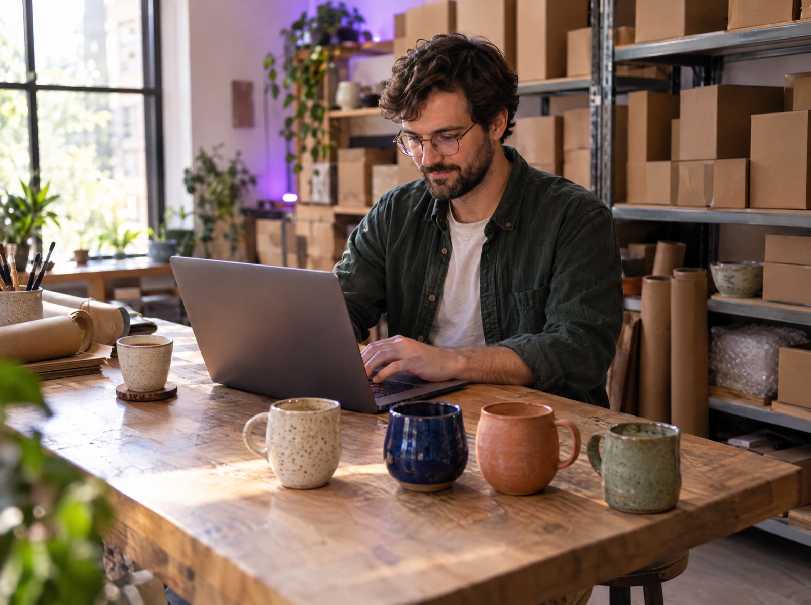 Der Inhaber eines Online-Shops für Keramik arbeitet im Lager an seinem Laptop