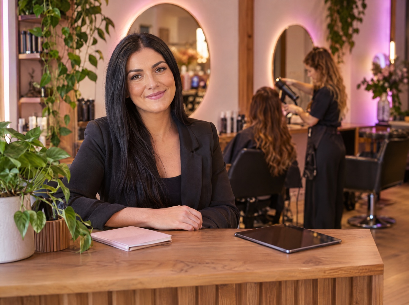 Die Inhaberin eines Friseur- und Kosmetiksalons an ihrem Empfangstresen